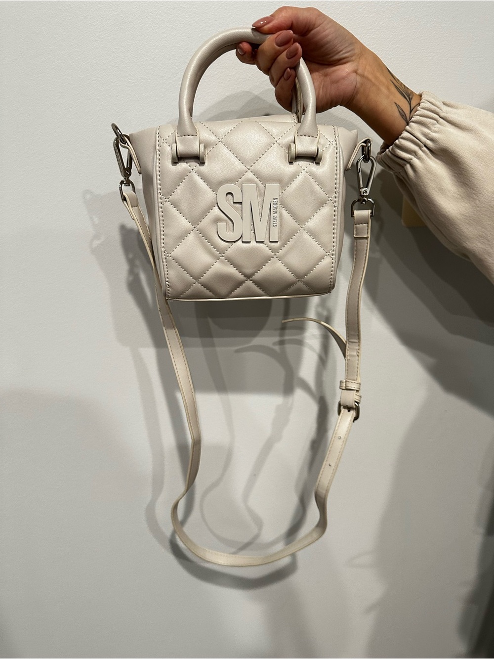 Steve Madden Cream Quilted Mini Crossbody Satchel